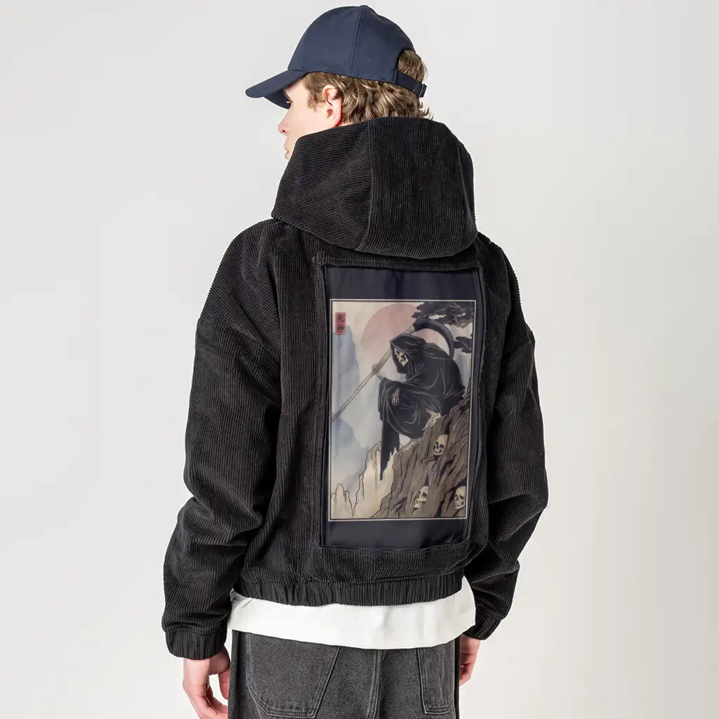 awaitingsouls patch on male retro cord hoodie in onyx