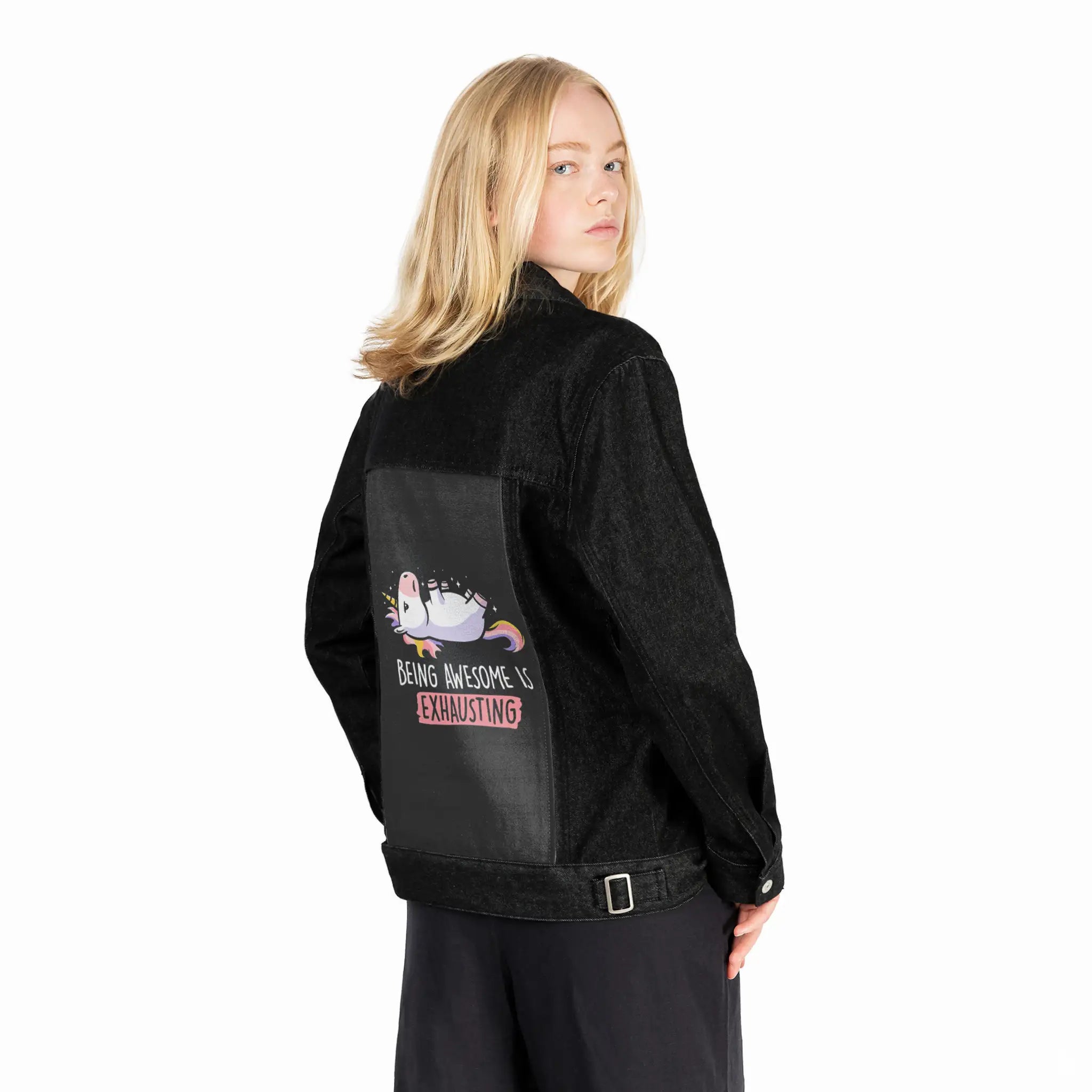 awesomeisexhausting patch on female og denim jacket in raven
