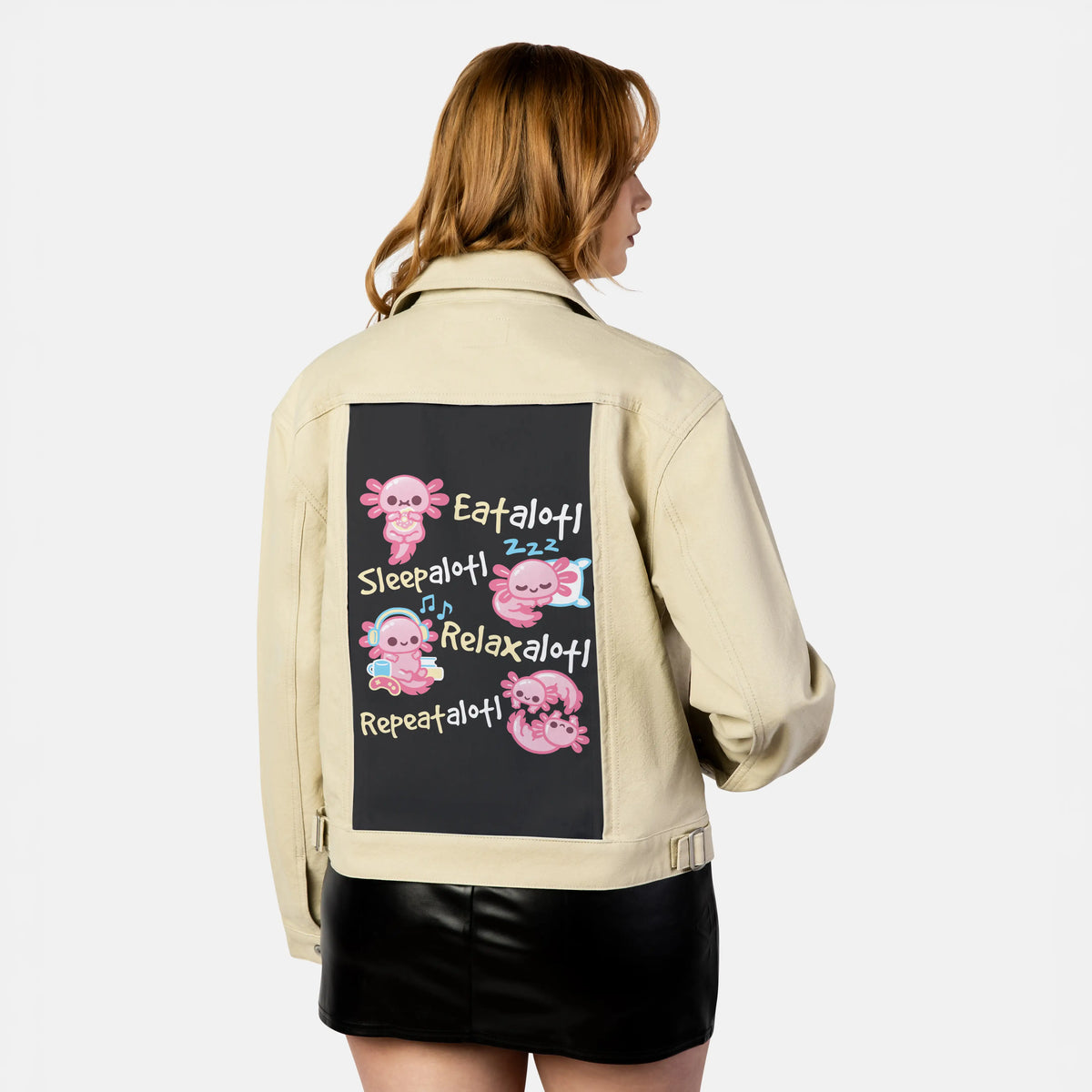 axolotllife patch on female atelier canvas jacket in tan