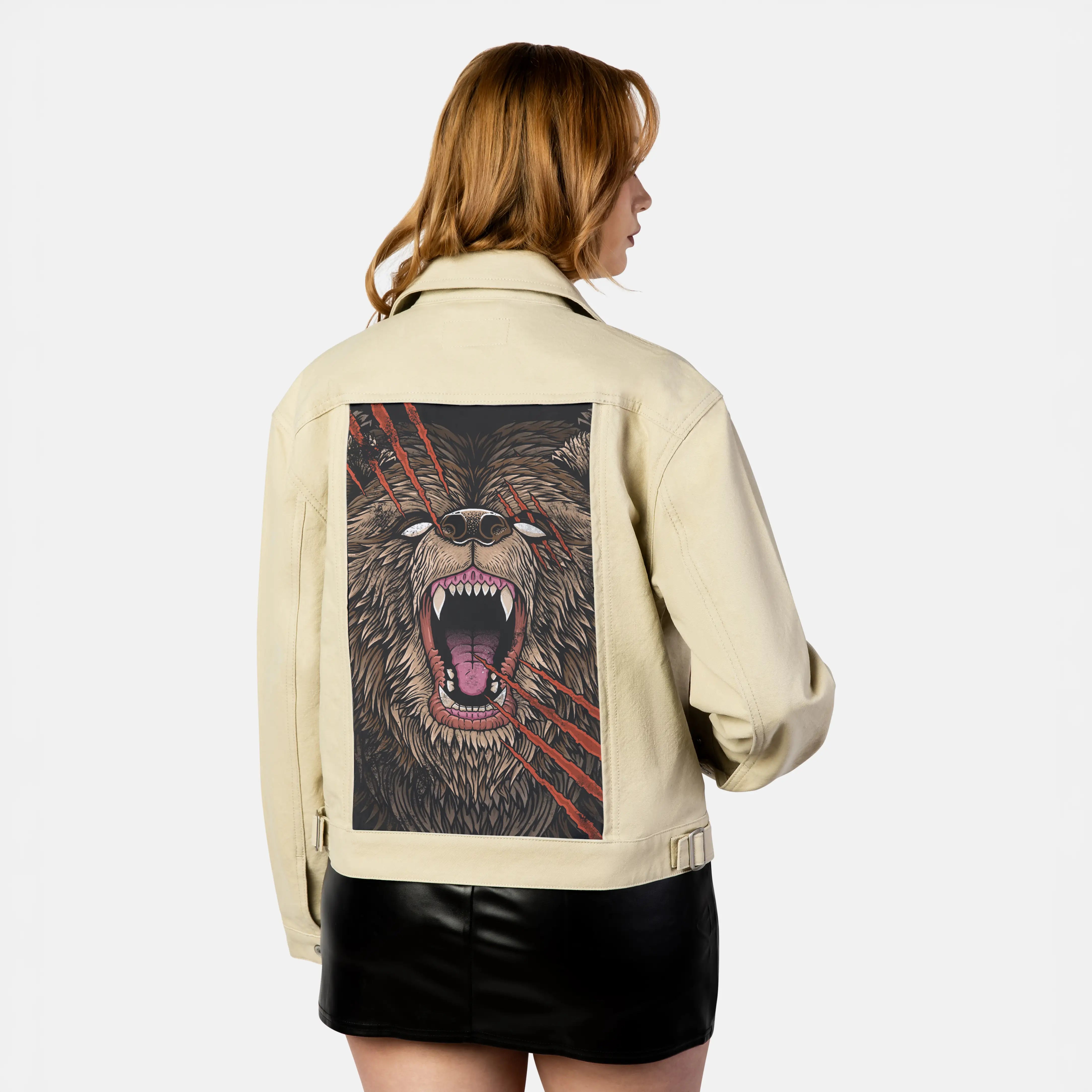 backscratcher patch on female atelier canvas jacket in tan