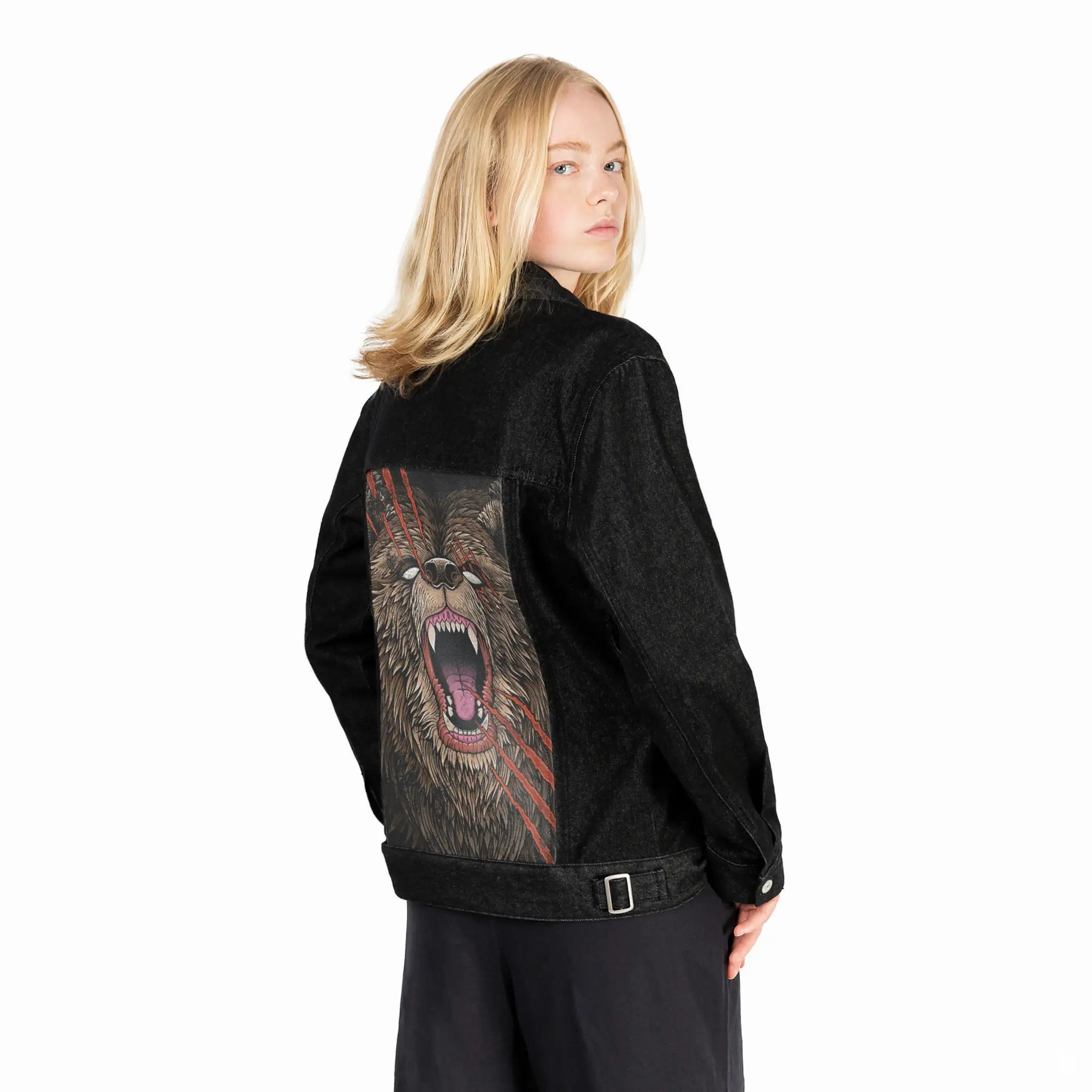 backscratcher patch on female og denim jacket in raven