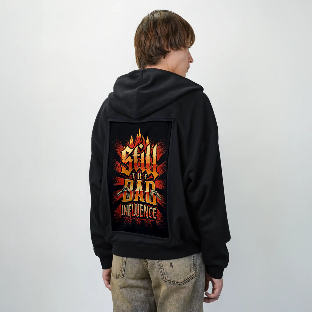 badinfluence patch on male essential zip hoodie in after hours
