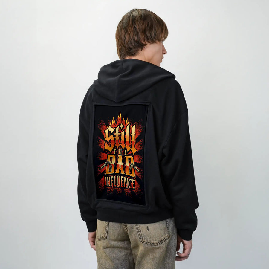 badinfluence patch on male essential zip hoodie in after hours