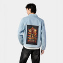 badinfluence patch on male og denim jacket in oceanside
