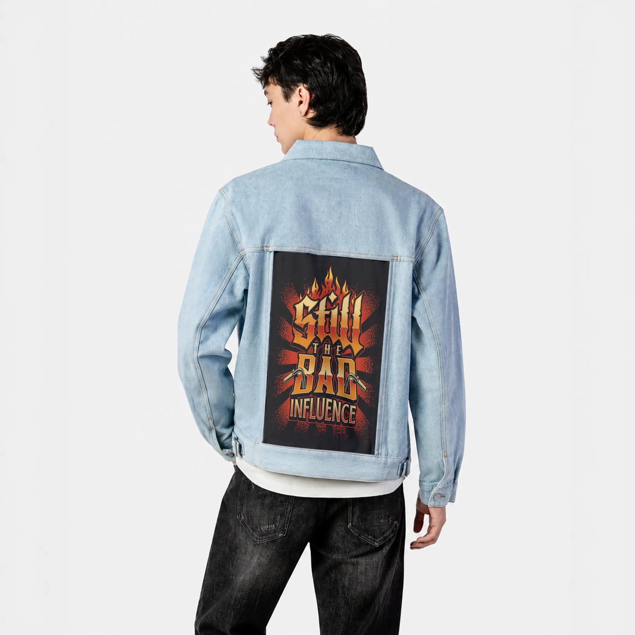 badinfluence patch on male og denim jacket in oceanside