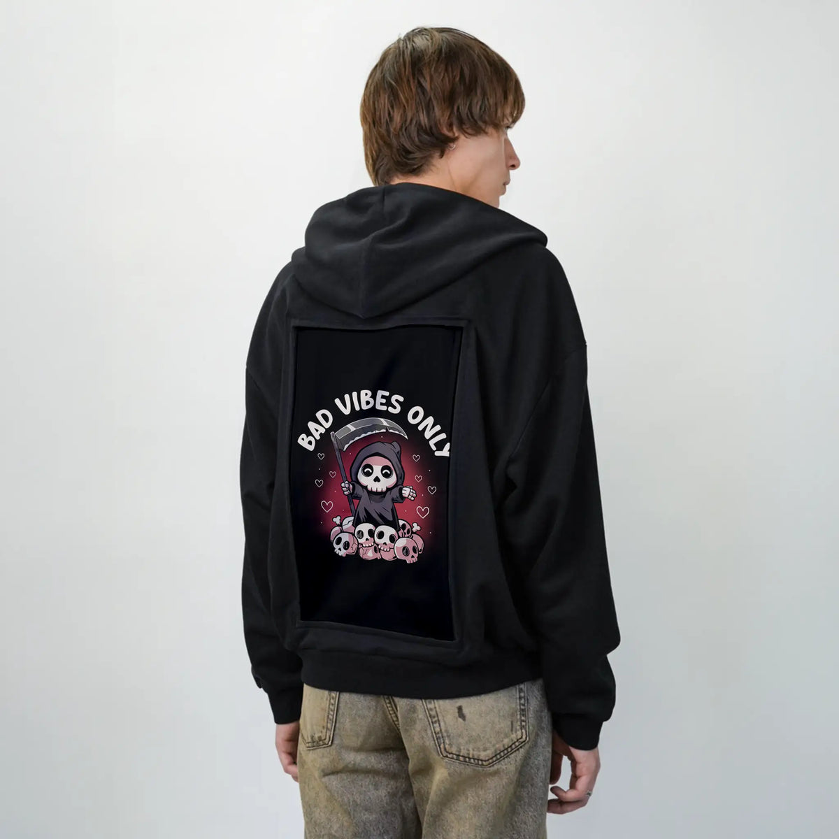 badvibesonly patch on male essential zip hoodie in after hours