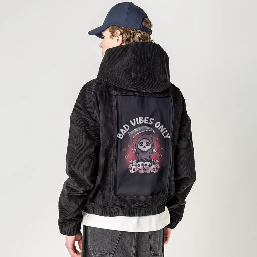 badvibesonly patch on male retro cord hoodie in onyx