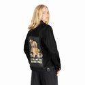 barkfree patch on female og denim jacket in raven