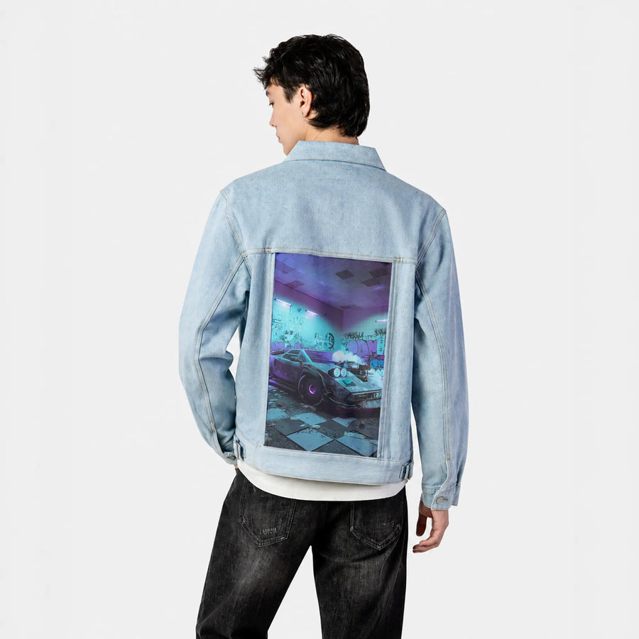 bathlambo patch on male og denim jacket in oceanside
