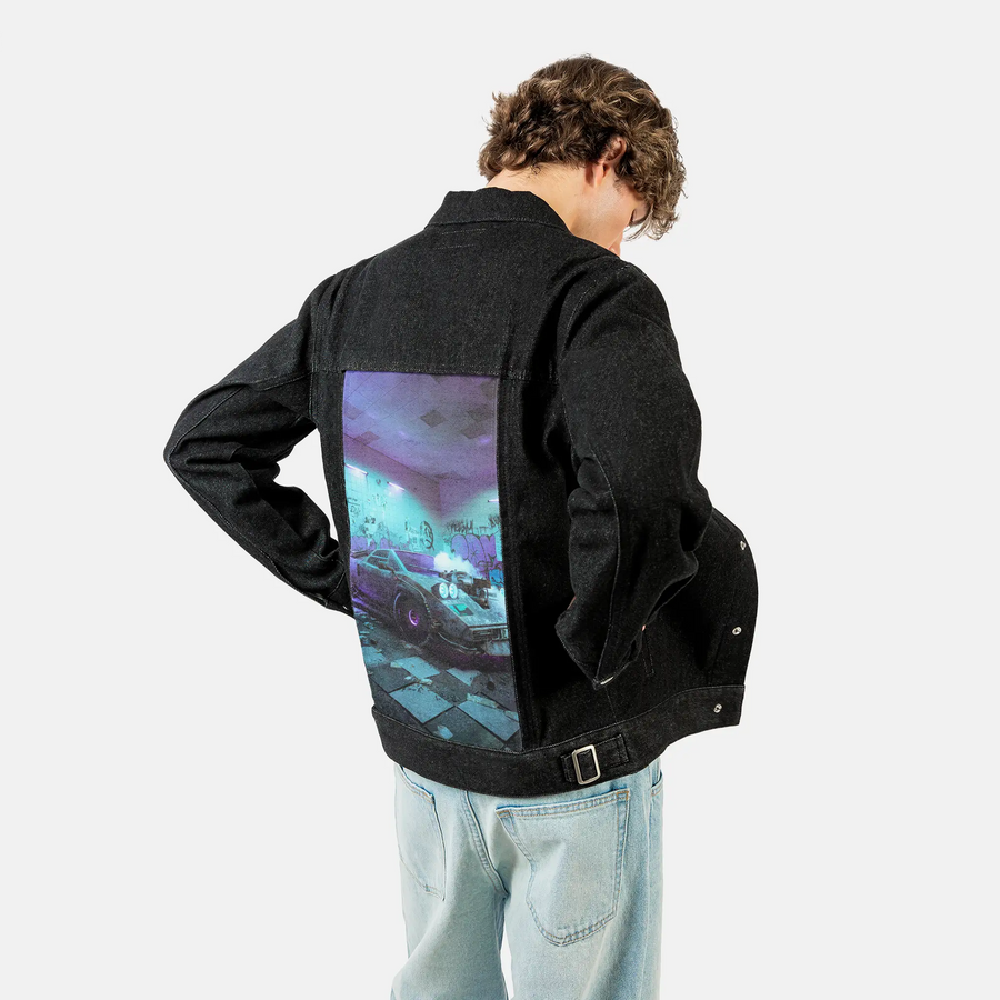 bathlambo patch on male og denim jacket in raven