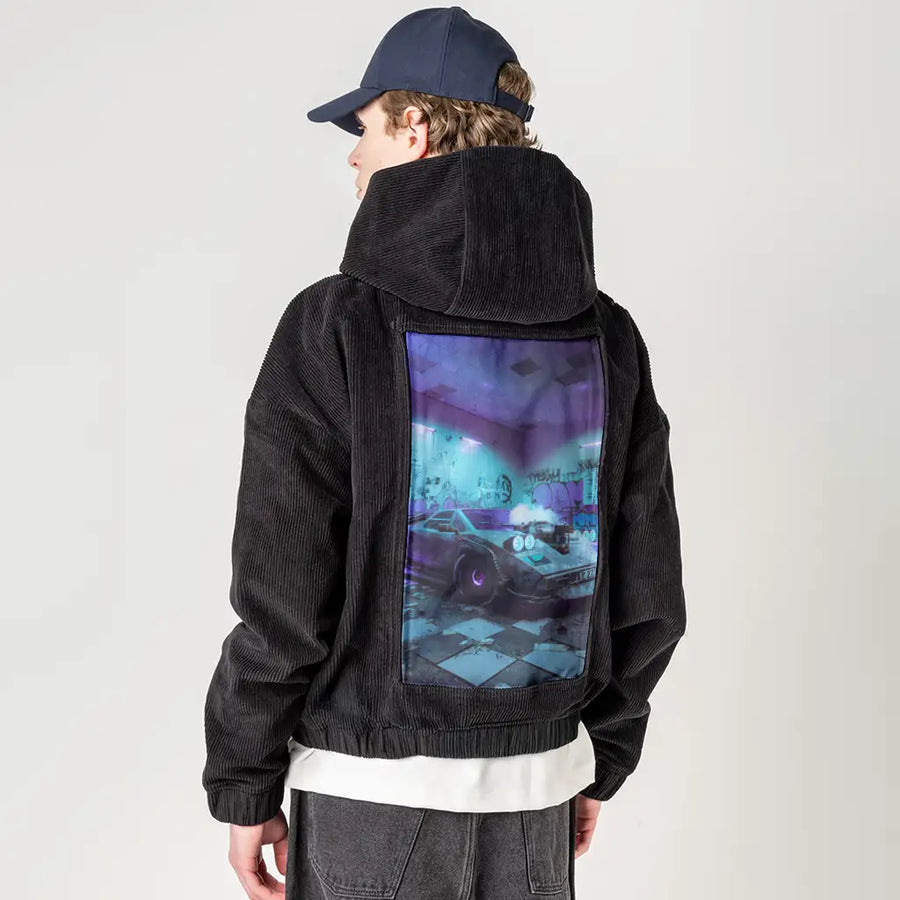 bathlambo patch on male retro cord hoodie in onyx