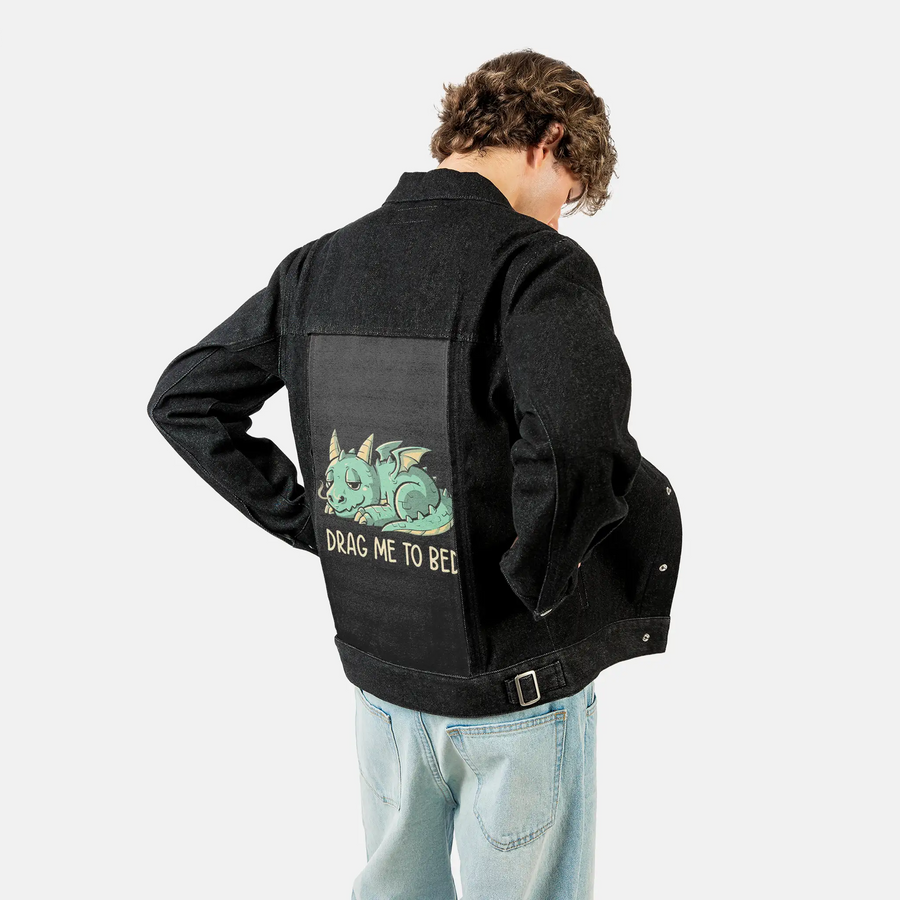bedtime patch on male og denim jacket in raven