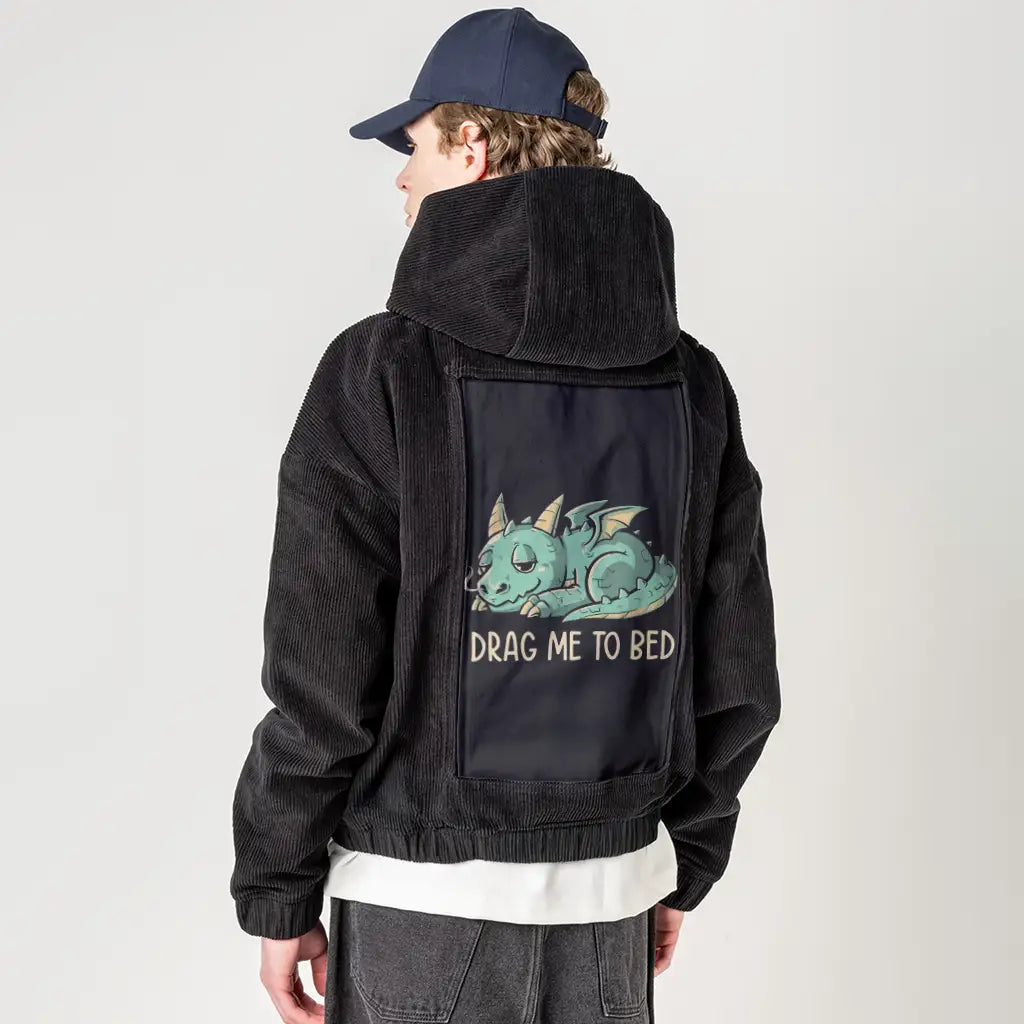 bedtime patch on male retro cord hoodie in onyx