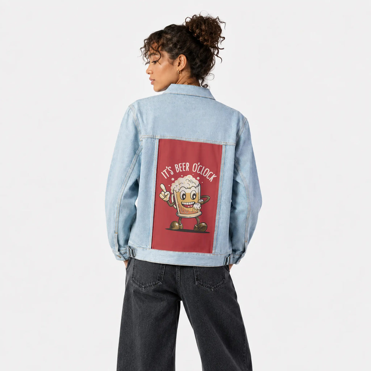 beeroclock patch on female og denim jacket in oceanside