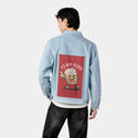 beeroclock patch on male og denim jacket in oceanside