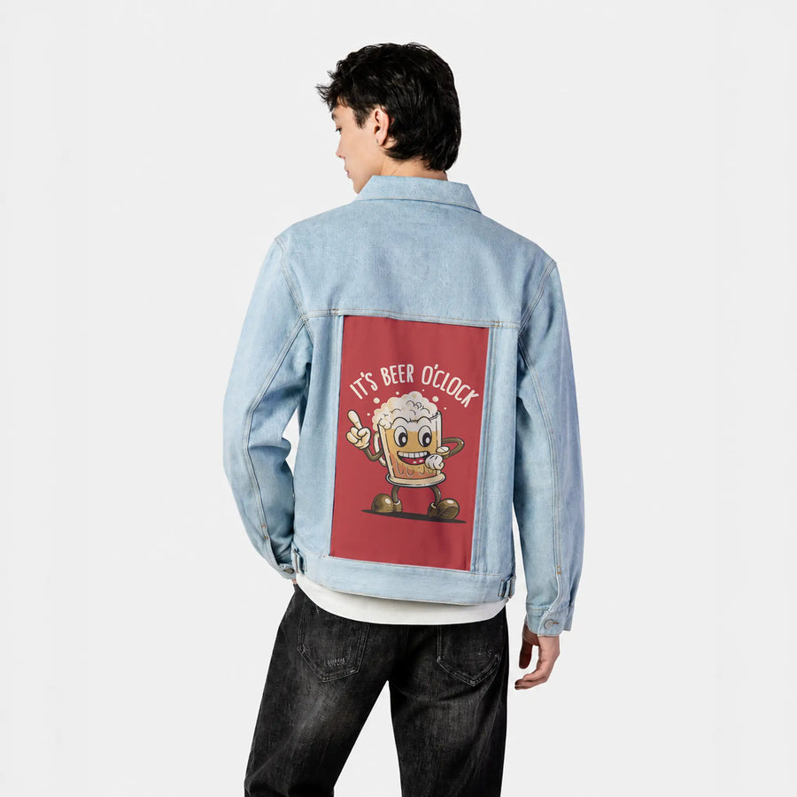 beeroclock patch on male og denim jacket in oceanside