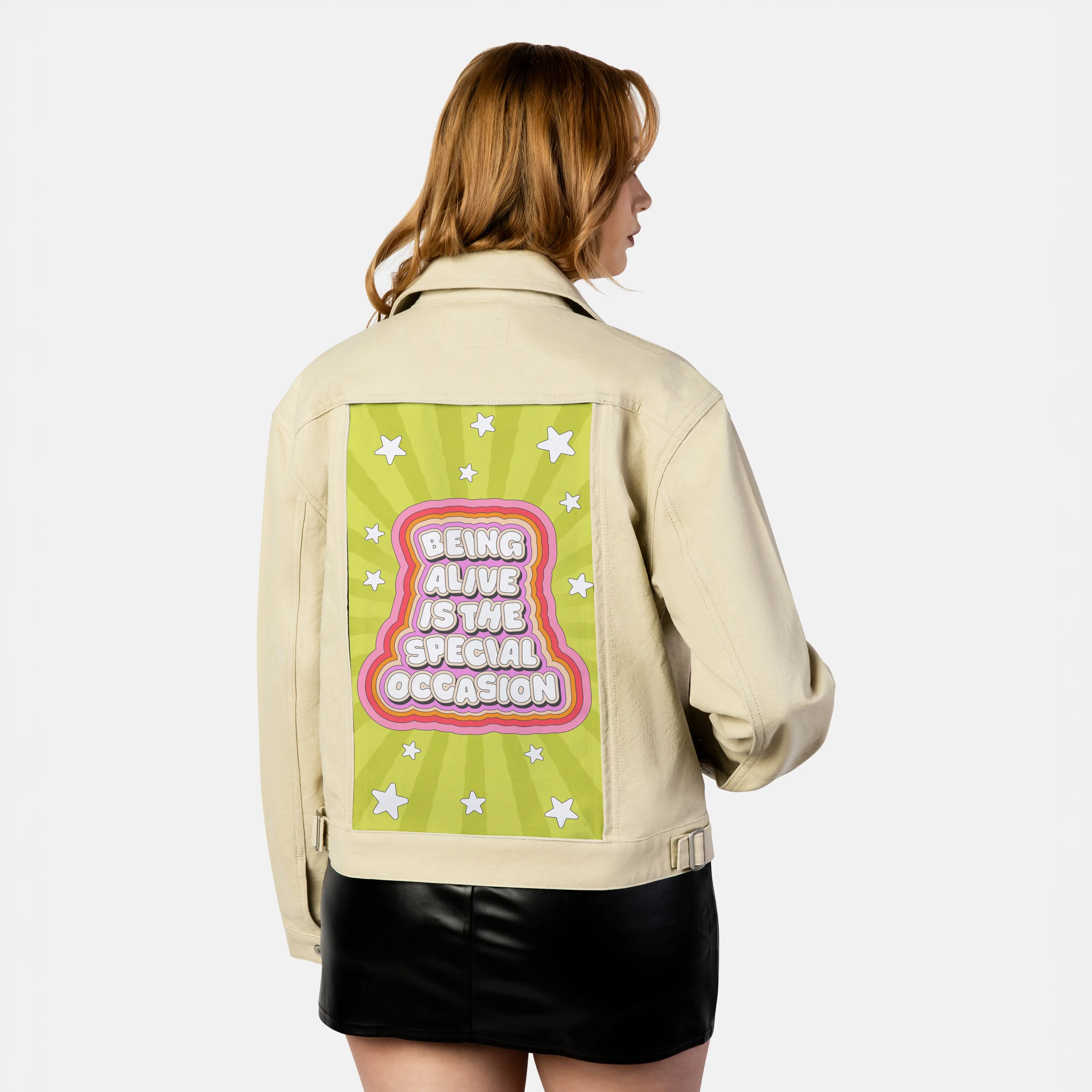 beingalive patch on female atelier canvas jacket in tan