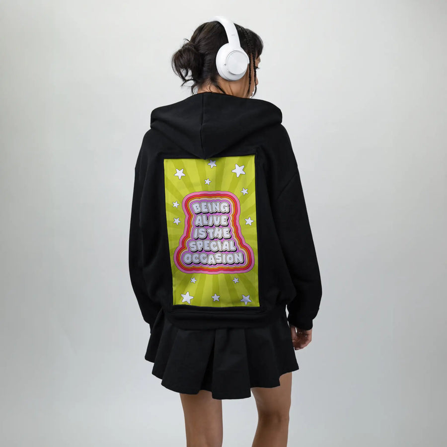 beingalive patch on female essential zip hoodie in after hours