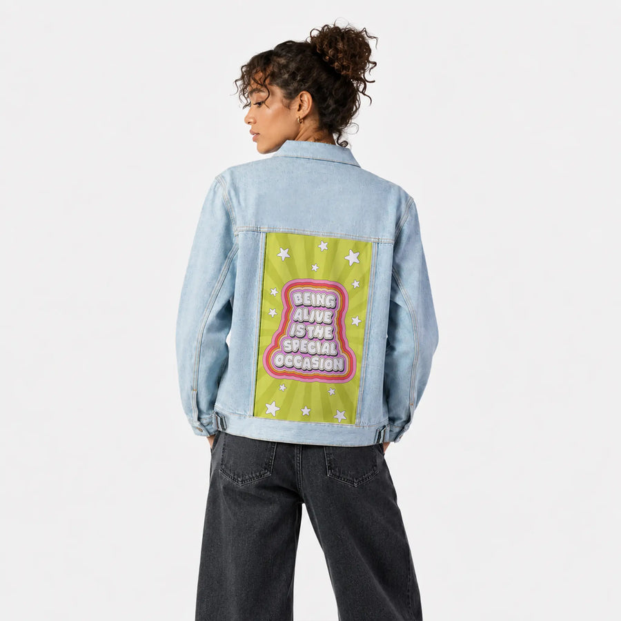 beingalive patch on female og denim jacket in oceanside