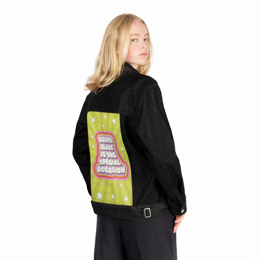 beingalive patch on female og denim jacket in raven