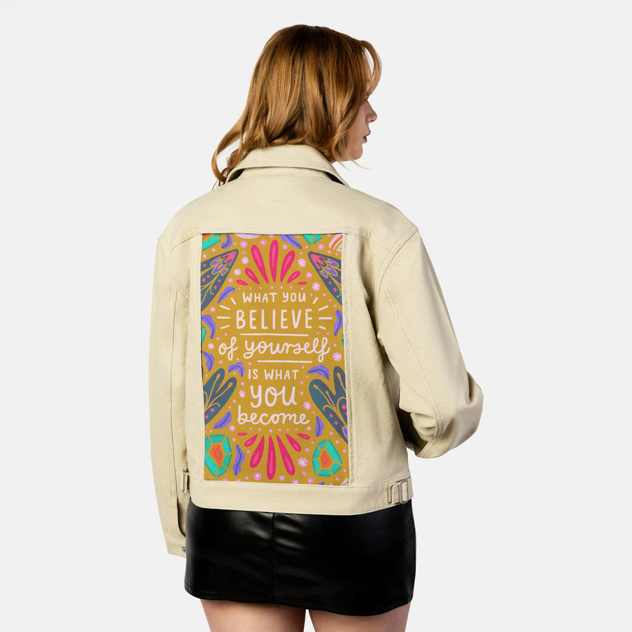 believe patch on female atelier canvas jacket in tan