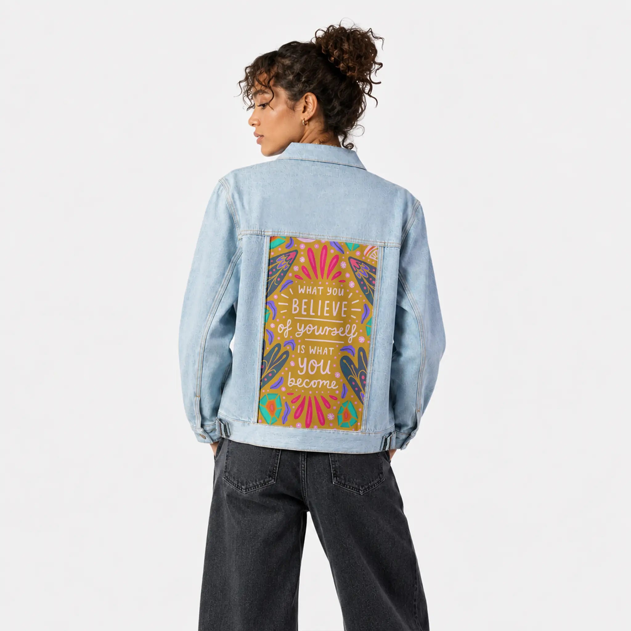 believe patch on female og denim jacket in oceanside