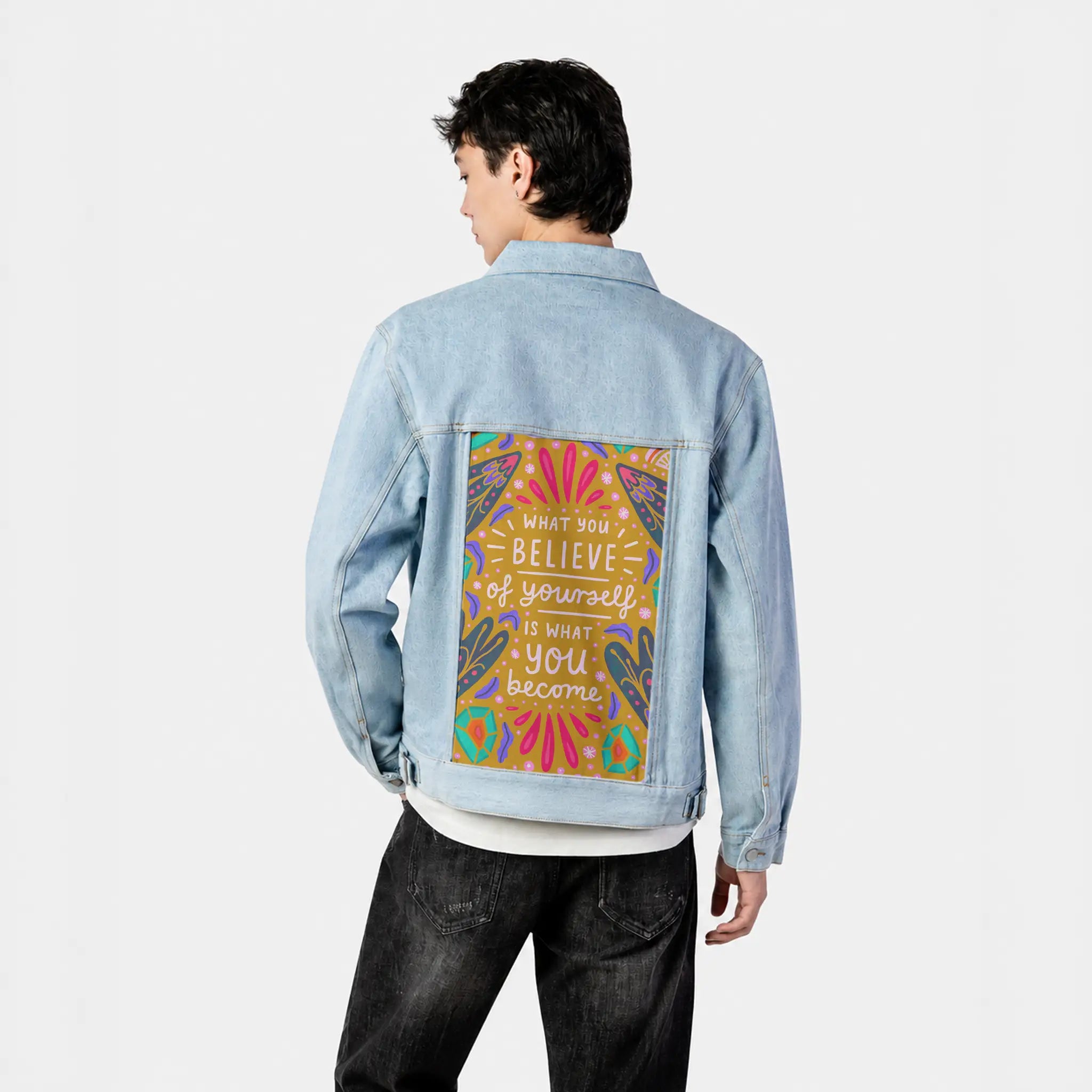 believe patch on male og denim jacket in oceanside