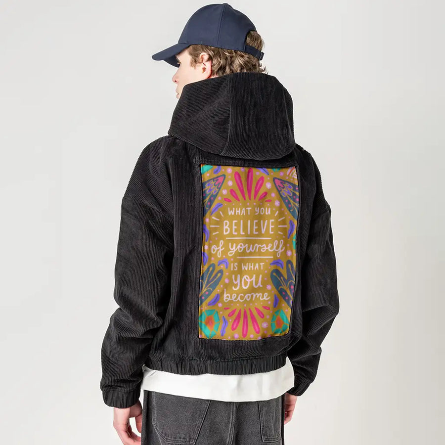 believe patch on male retro cord hoodie in onyx