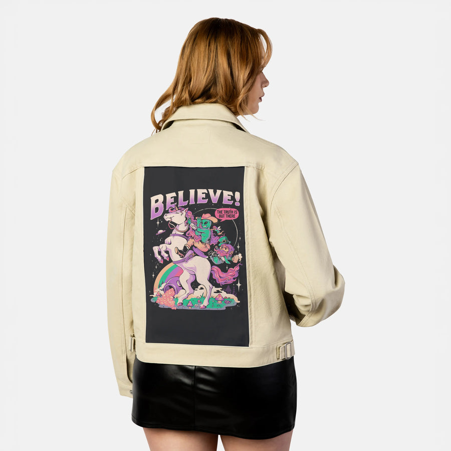 believethetruth patch on female atelier canvas jacket in tan
