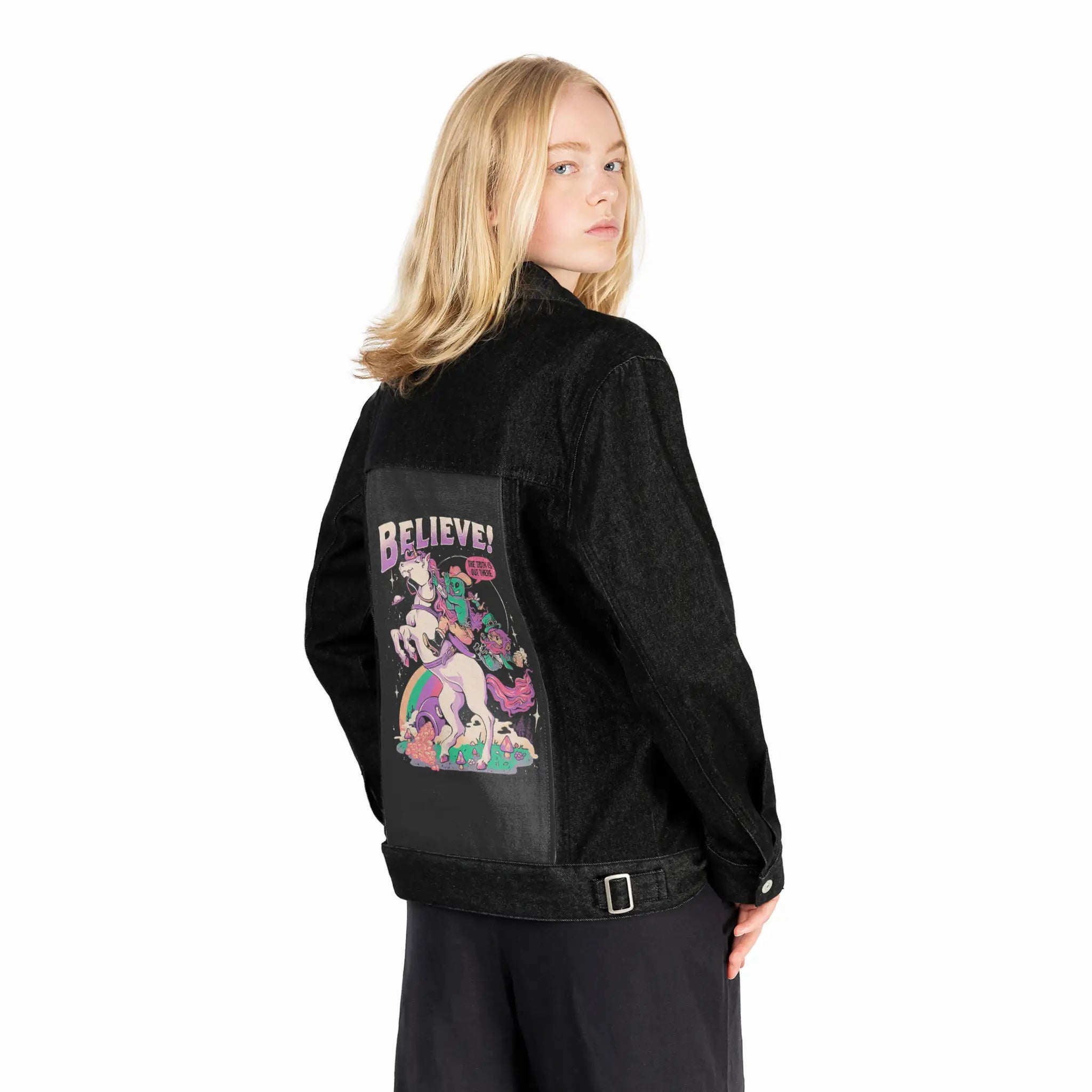 believethetruth patch on female og denim jacket in raven