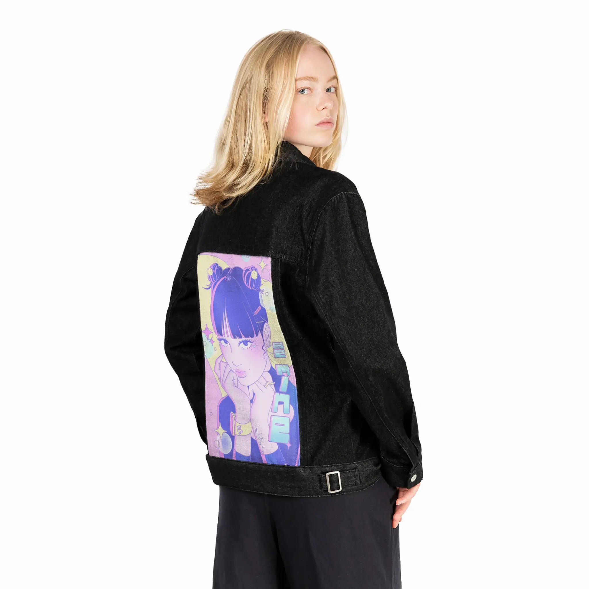 bemine patch on female og denim jacket in raven