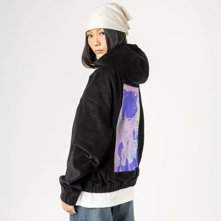 bemine patch on female retro cord hoodie in onyx
