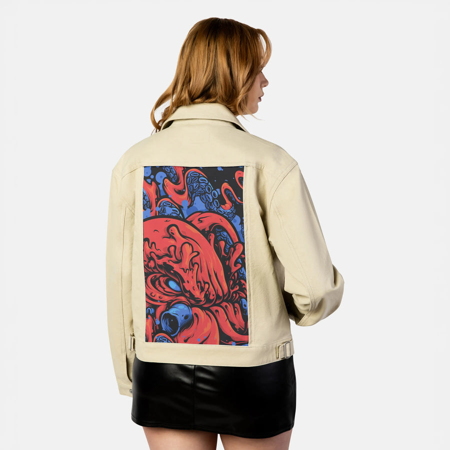 berrykraken patch on female atelier canvas jacket in tan