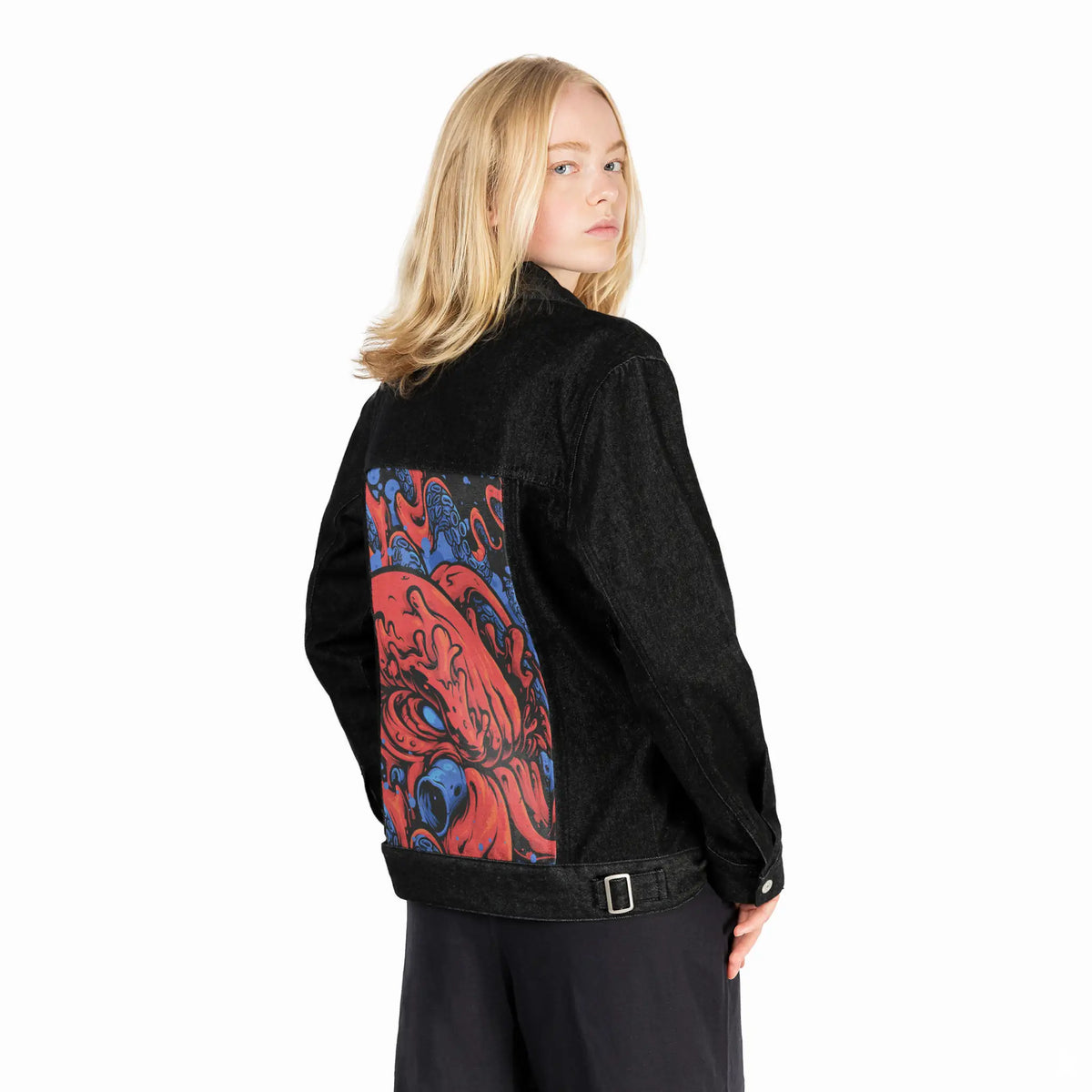 berrykraken patch on female og denim jacket in raven