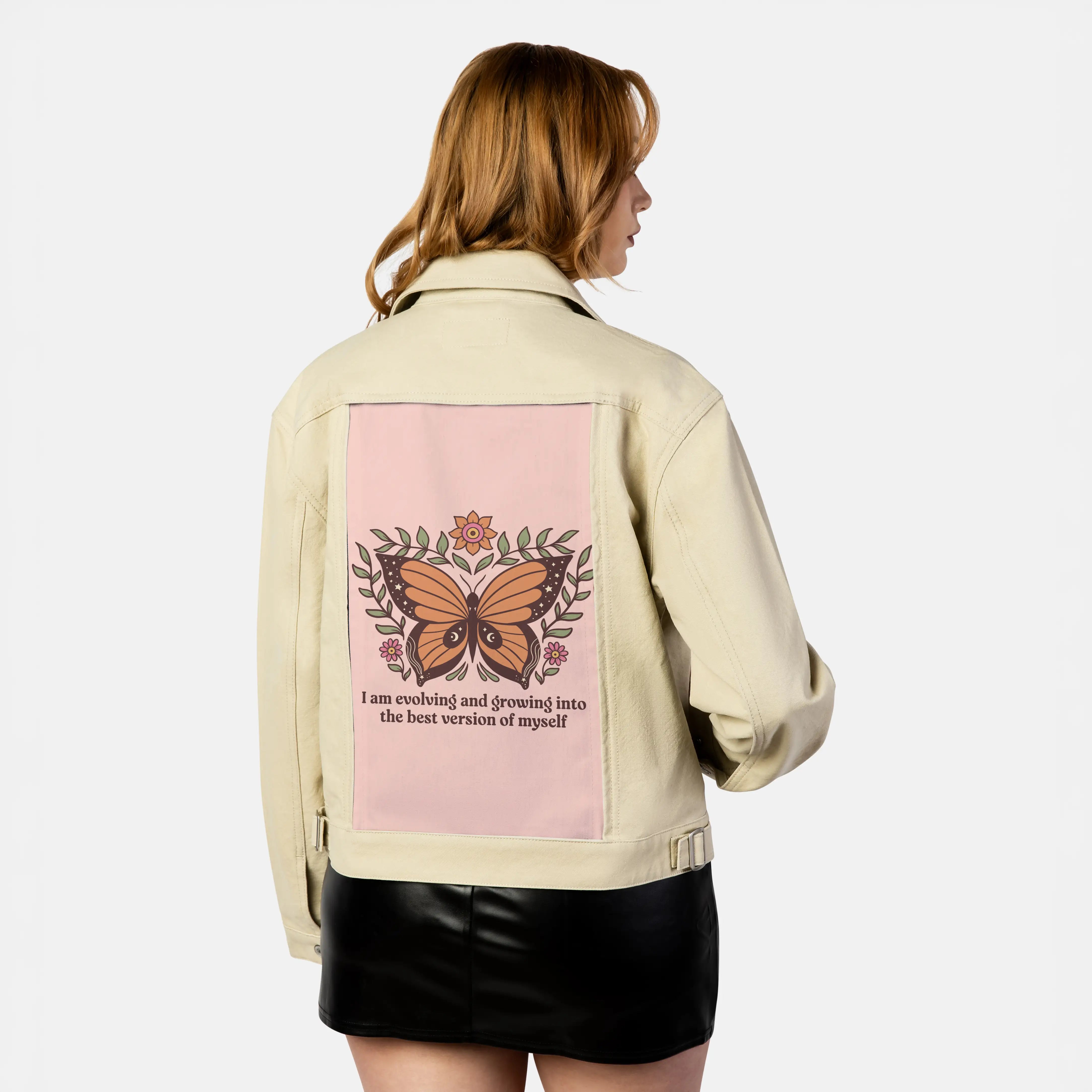 bestversionofmyself patch on female atelier canvas jacket in tan