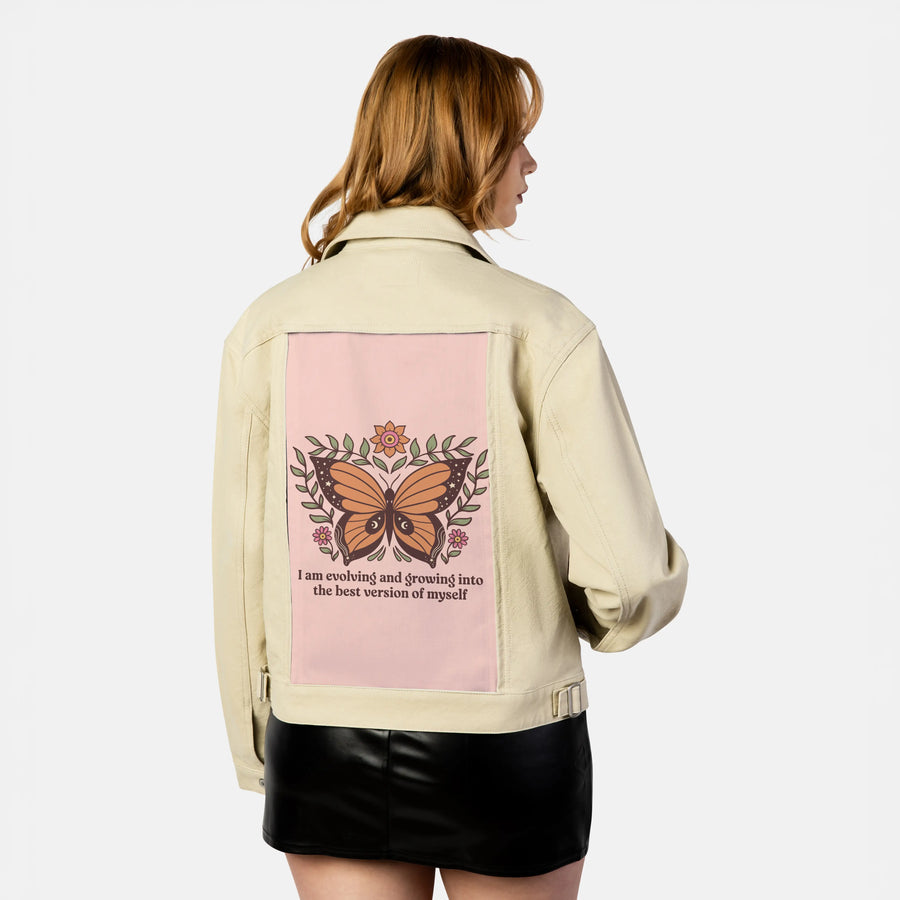 bestversionofmyself patch on female atelier canvas jacket in tan