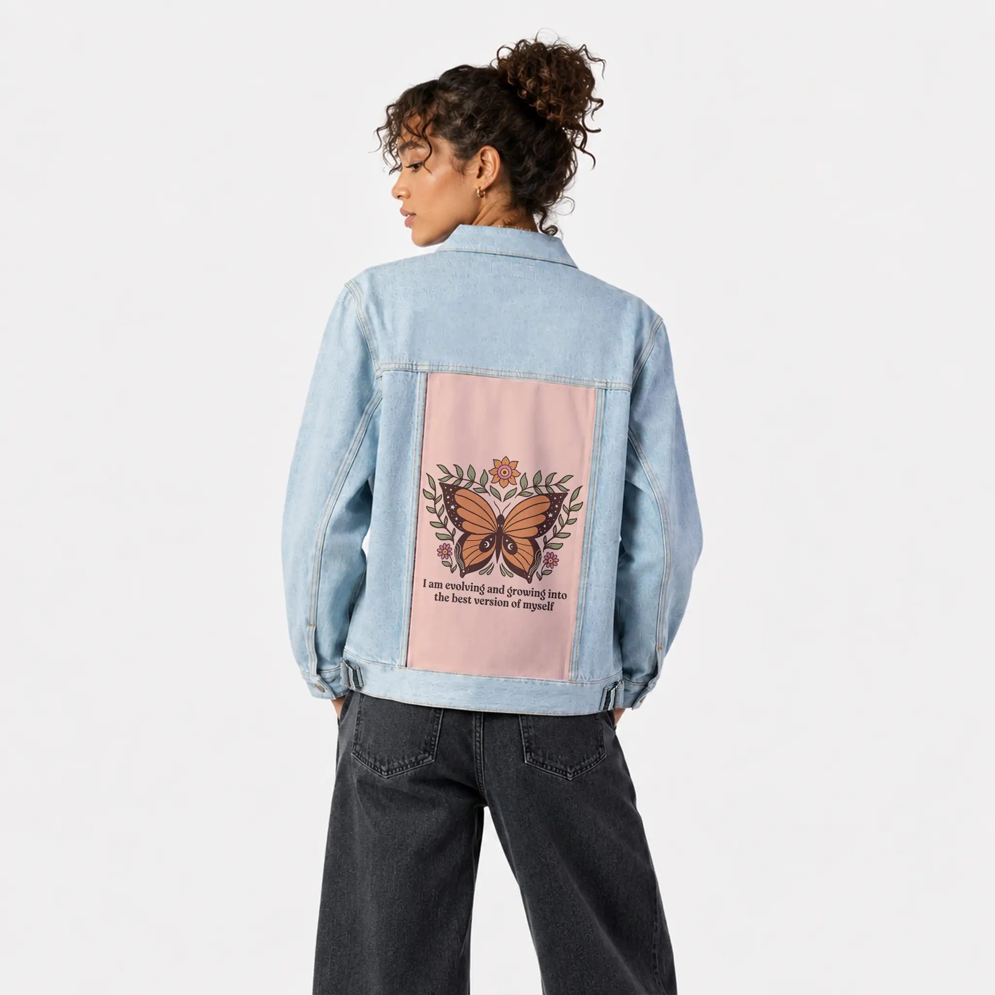 bestversionofmyself patch on female og denim jacket in oceanside