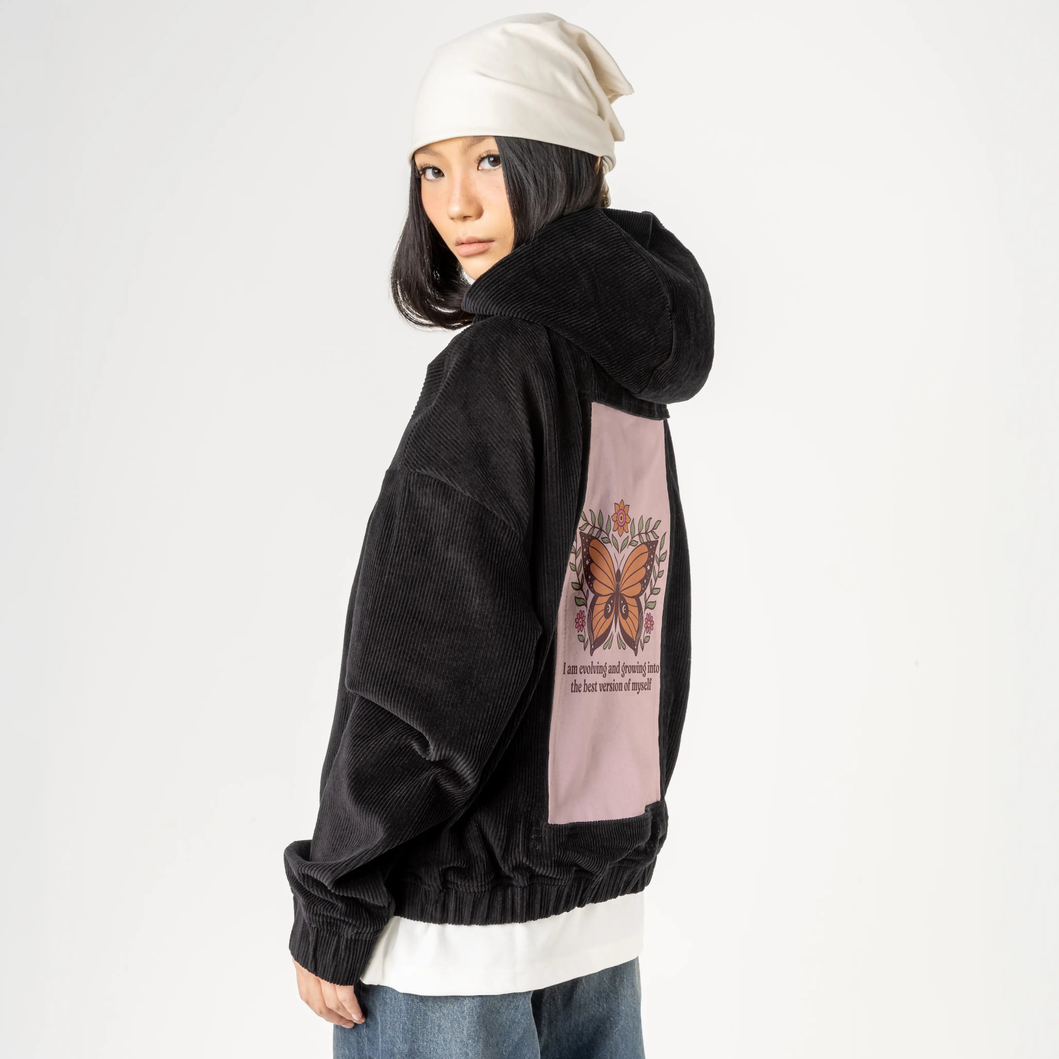 bestversionofmyself patch on female retro cord hoodie in onyx