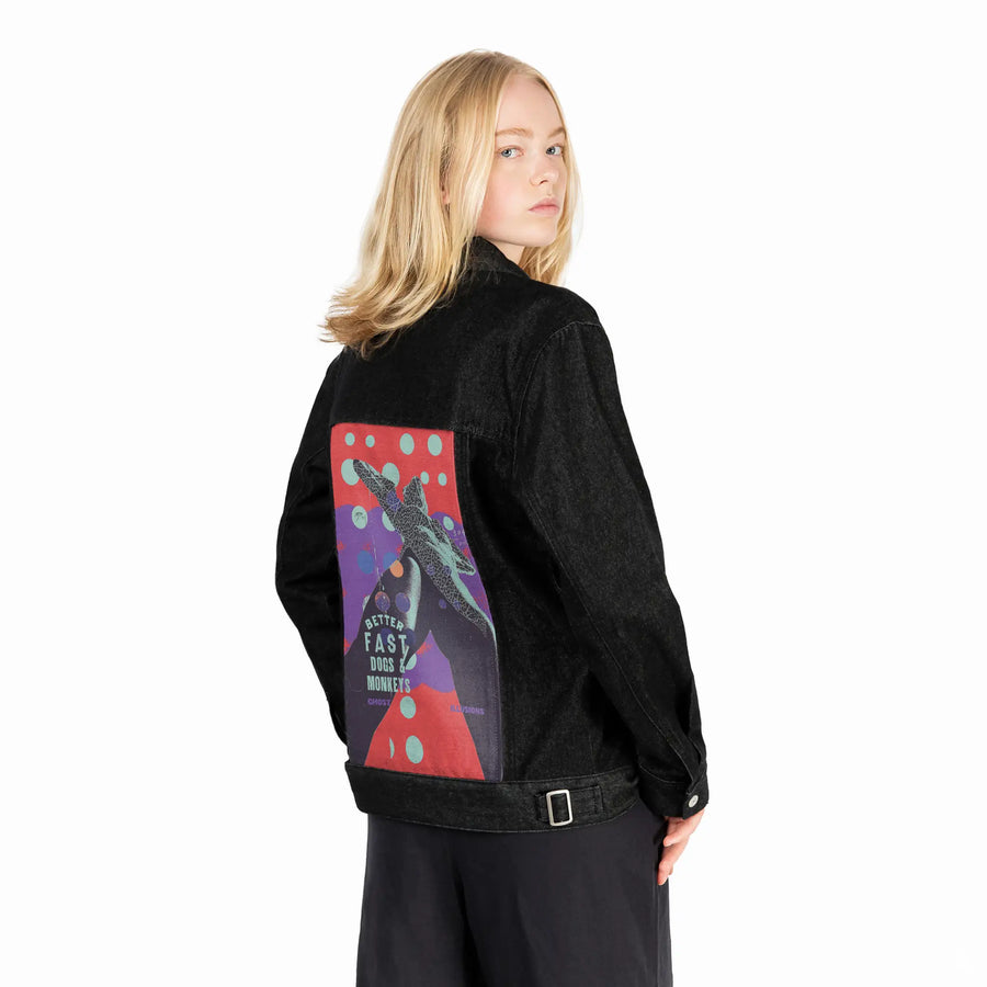 better patch on female og denim jacket in raven