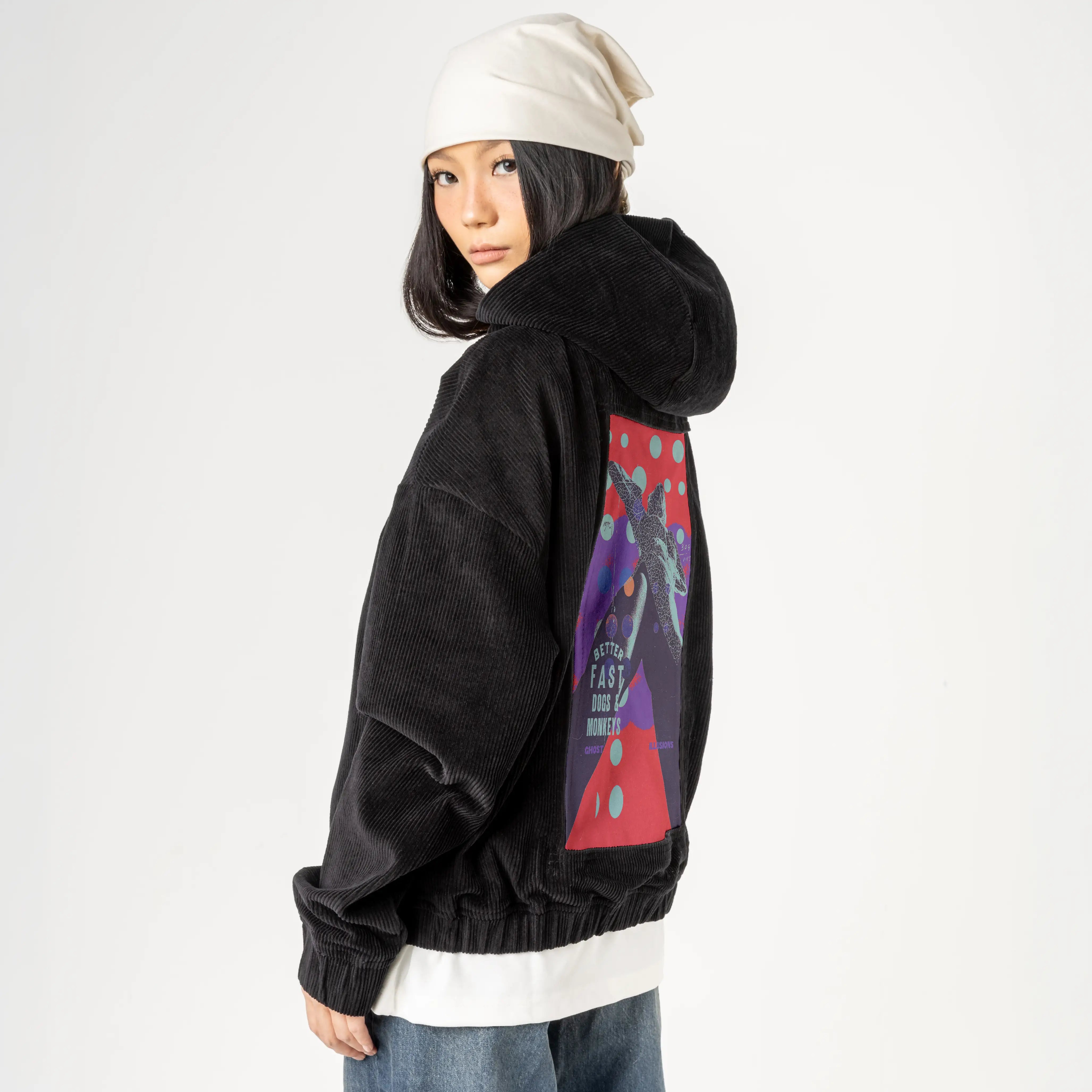 better patch on female retro cord hoodie in onyx