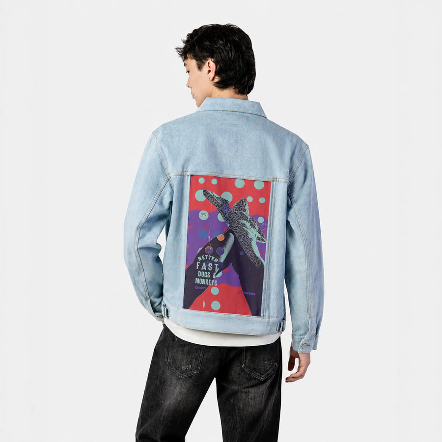 better patch on male og denim jacket in oceanside