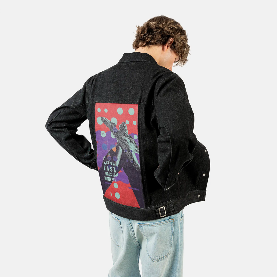 better patch on male og denim jacket in raven