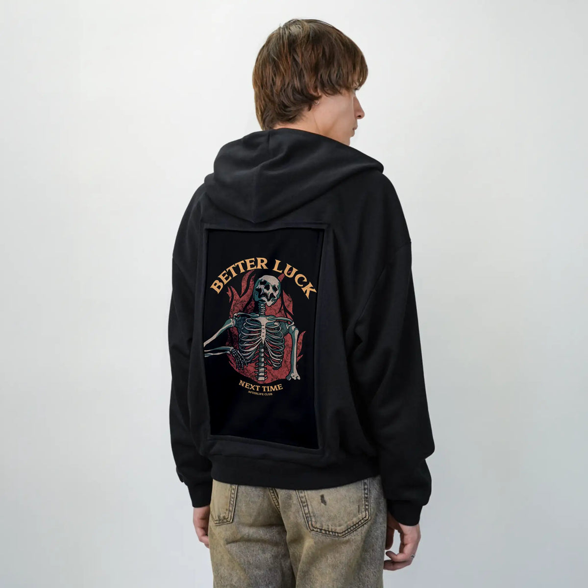 betterlucknexttime patch on male essential zip hoodie in after hours