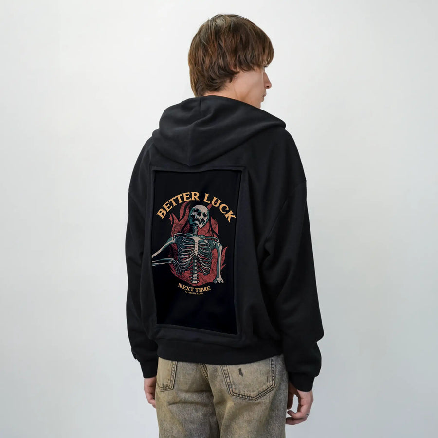 betterlucknexttime patch on male essential zip hoodie in after hours
