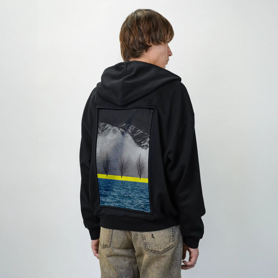 betweenmountainandsea patch on male essential zip hoodie in after hours