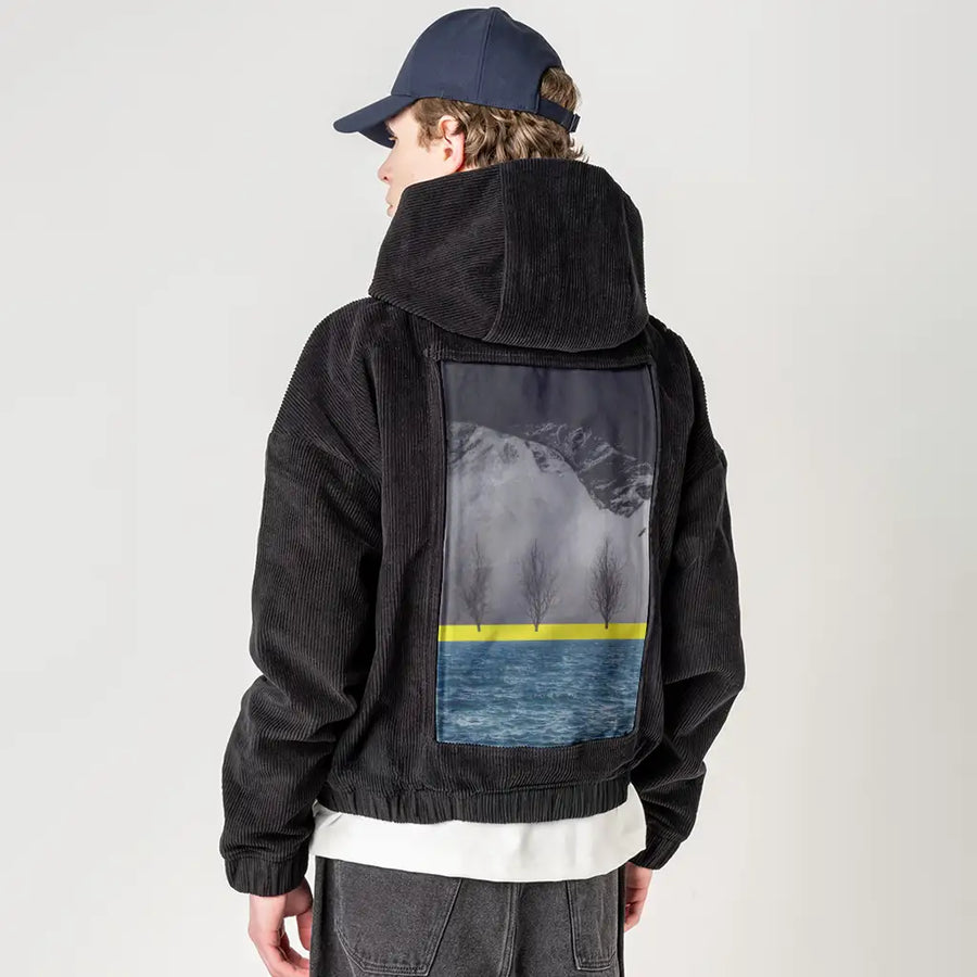 betweenmountainandsea patch on male retro cord hoodie in onyx