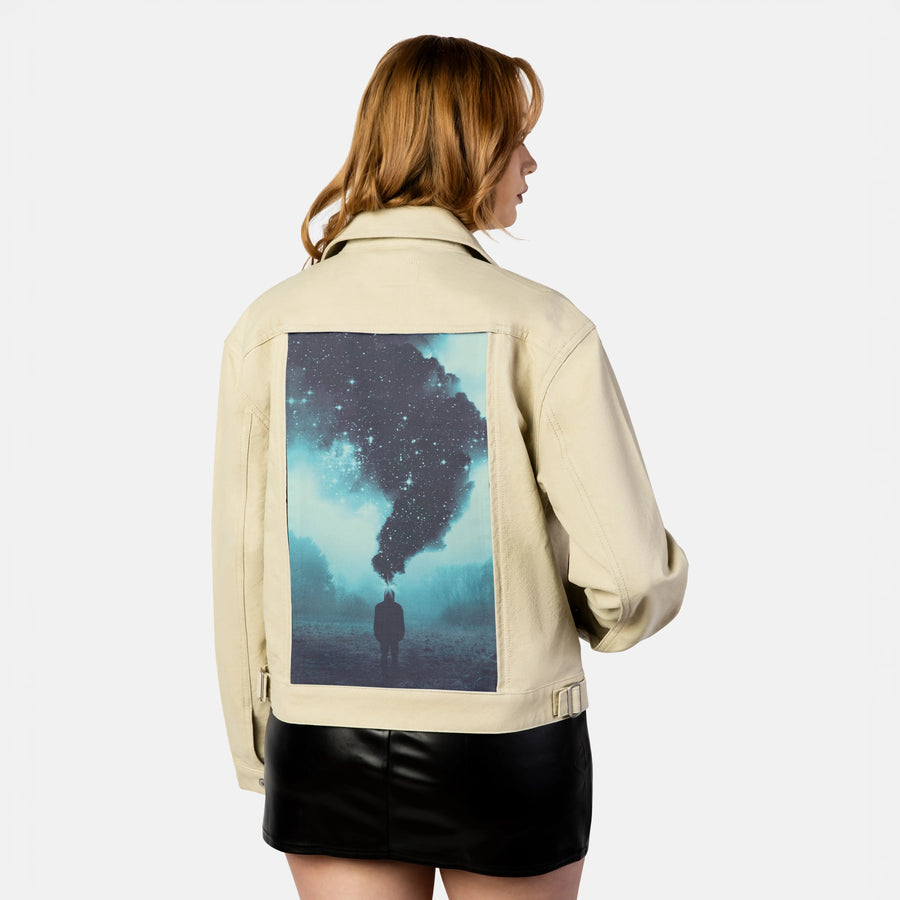 beyondtheobvious patch on female atelier canvas jacket in tan
