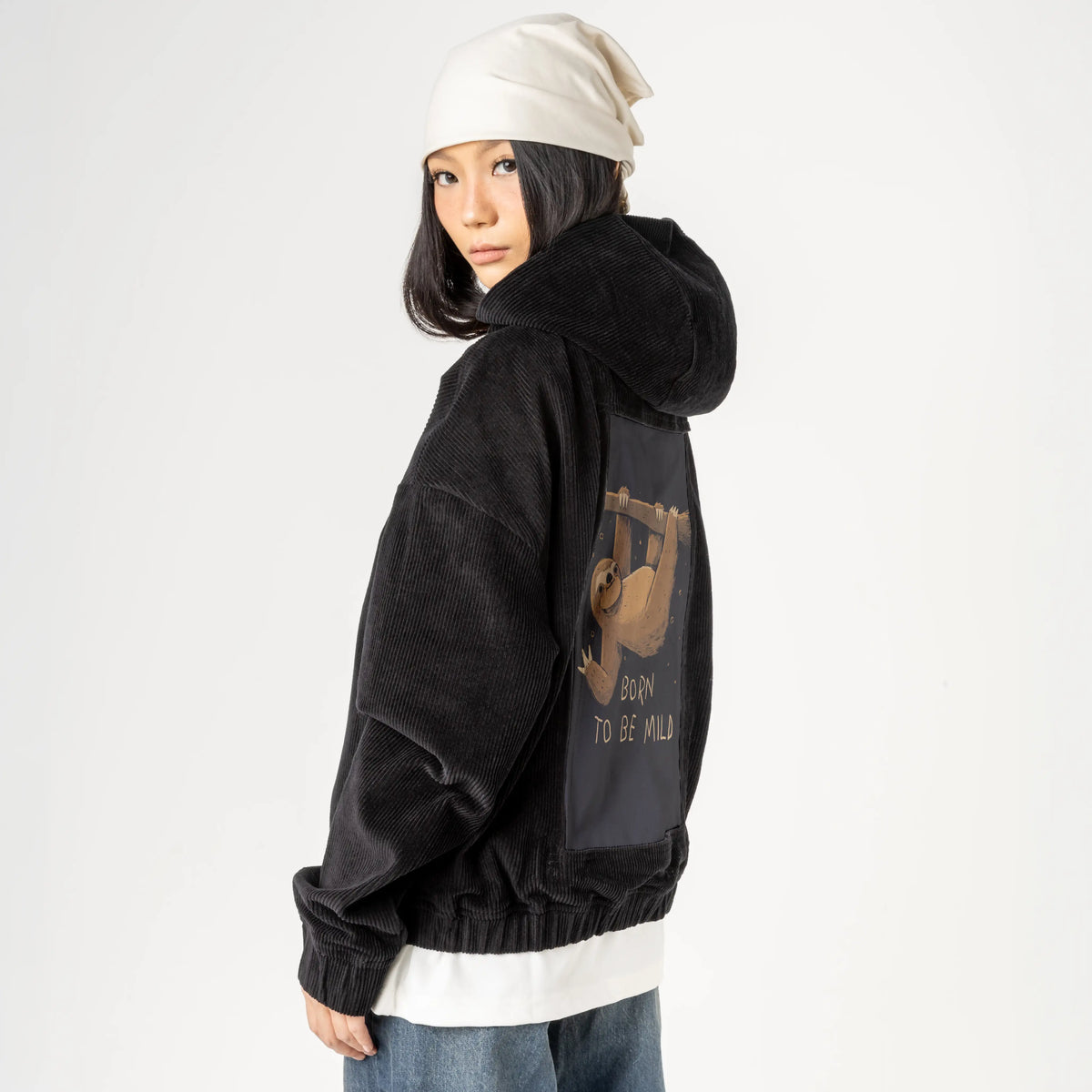 biglazyday patch on female retro cord hoodie in onyx