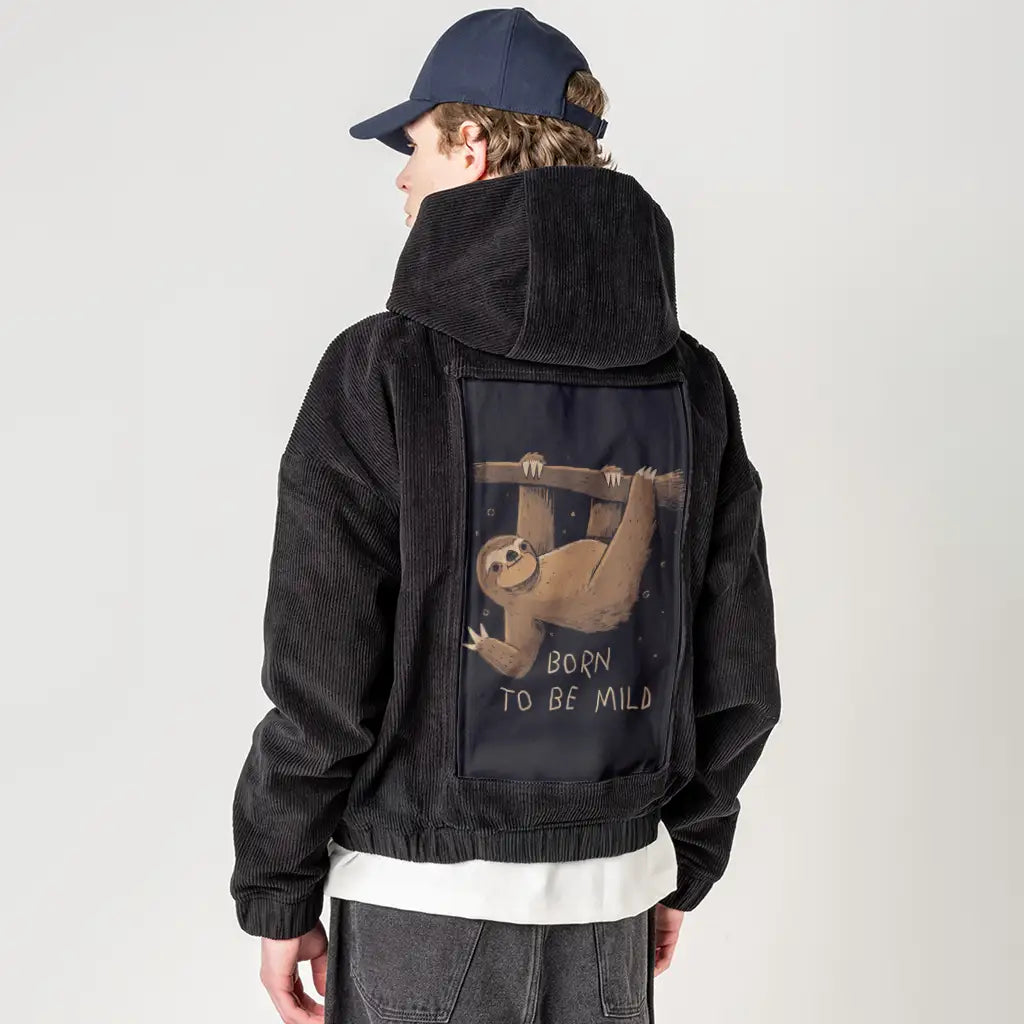 biglazyday patch on male retro cord hoodie in onyx
