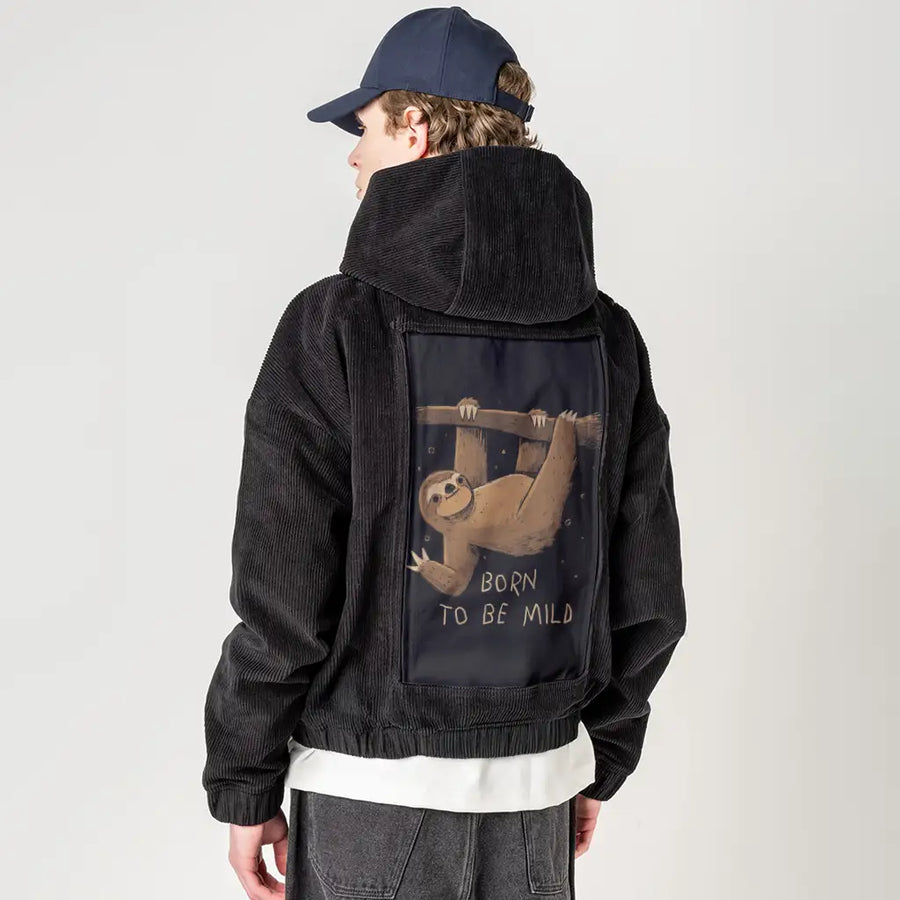 biglazyday patch on male retro cord hoodie in onyx